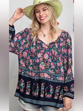 283 ❤️ EASEL CHALLIS SMOCKED SHOULDER BUBBLE SLEEVE TOP